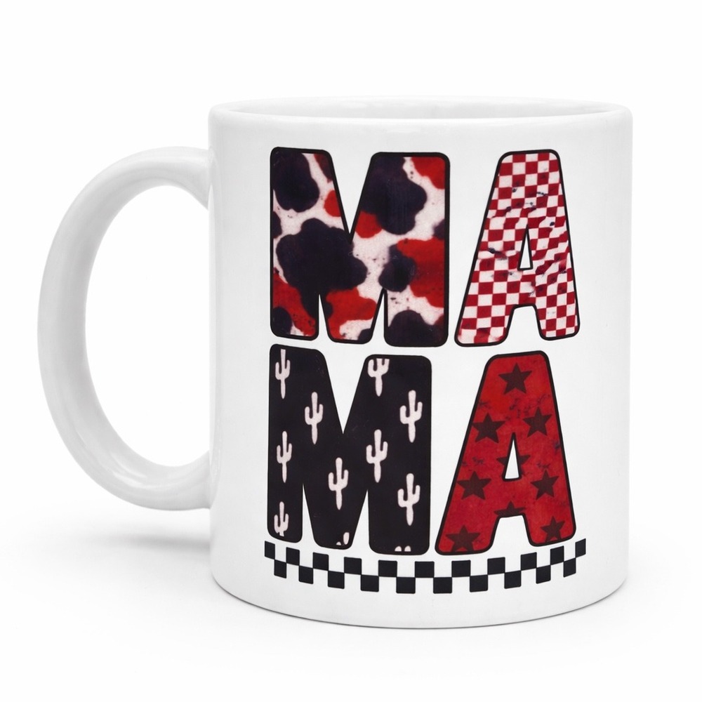 Western Mama Coffee Mug 11oz White Ceramic Cow Print Cactus Star Checkered
